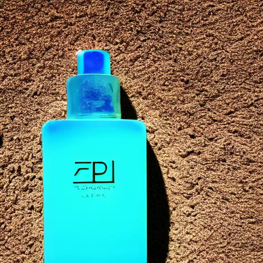 Prompt: bright perfume bottle sitting on a small mountain of clean desert sand, close up shot, upfront, with sunny bright blue sky and clouds in the background, softly - lit, soft - warm, zen, light, modern minimalist f 2 0 clean