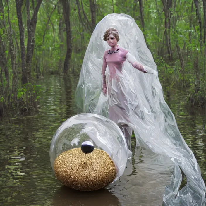 Image similar to a closeup portrait of a woman wrapped in plastic, standing next to a levitating onyx orb, in a swamp, color photograph, by vincent desiderio, canon eos c 3 0 0, ƒ 1. 8, 3 5 mm, 8 k, medium - format print