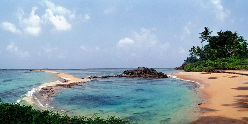 Image similar to sri lankan beach, rule of thirds, drawn by hayao miyazaki