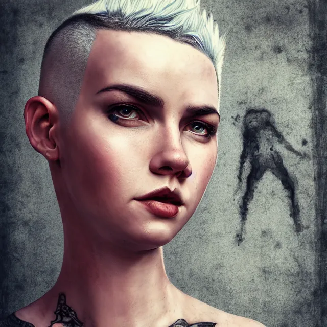 Image similar to full body pose, beautiful adult woman, short white hair shaved sides, dirty, grungy, grunge, long sleeve, painted overalls, stacks of giant books, highly detailed, 4 k, hdr, smooth, sharp focus, high resolution, award - winning photo, artgerm, photorealistic