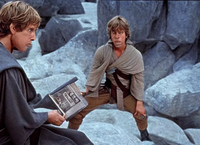 Image similar to screenshot of Luke Skywalker reading the ancient Jedi textbooks, outside on a rocky jedi temple, famous scene from the force awkaens, 1980s film directed by Stanley Kubrick cinematic lighting, moody cinematography, with anamorphic lenses, crisp, detailed portrait, 4k image