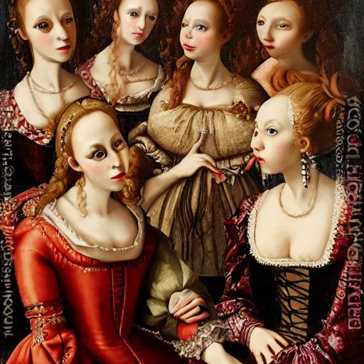 Image similar to renaissance, baroque oil painting of a group of creepy young ladies wearing renaissance long harajuku manga dress with flowers and skulls, background chaotic flowers