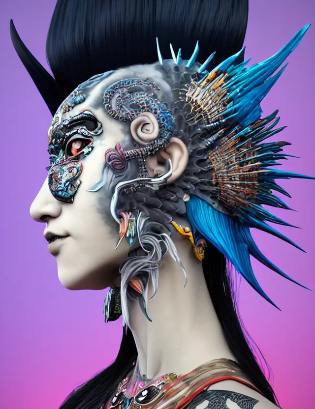 Image similar to 3 d goddess close - up profile portrait punk with mohawk with ram skull. beautiful intricately detailed japanese crow kitsune mask and clasical japanese kimono. betta fish, jellyfish phoenix, bio luminescent, plasma, ice, water, wind, creature, artwork by tooth wu and wlop and beeple and greg rutkowski