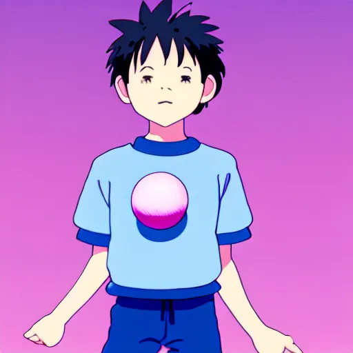 Image similar to a young boy with ball with a pastel aesthetic, studio ghibli, character design, fantasy, 8 k resolution