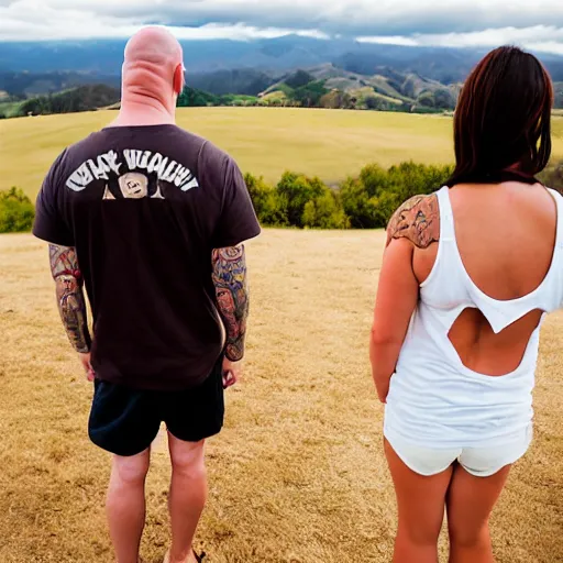 Image similar to portrait of a young chunky bald white male tattoos and his young white female brown hair wife with tattoos. male is wearing a white t - shirt, tan shorts, white long socks. female is has long brown hair and a lot of tattoos. photo taken from behind them overlooking the field with a goat pen. rolling hills in the background of california and a partly cloudy sky