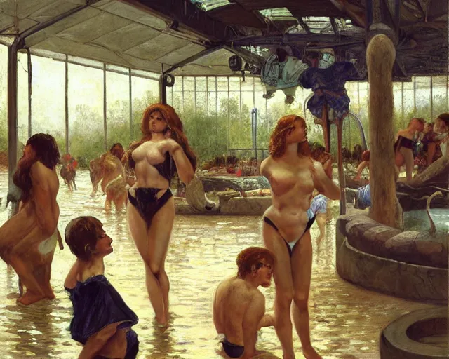 Image similar to chaos at the waterpark, key lighting, soft lights, by steve hanks, by edgar maxence, by caravaggio, by michael whelan, by delacroix, by serov valentin, by tarkovsky, 8 k render, detailed, oil on canvas