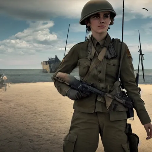 Image similar to footage of emma watson in d - day, unreal engine 5 highly rendered, radiant light, detailed and intricate environment, wide angle, cinematic lighting