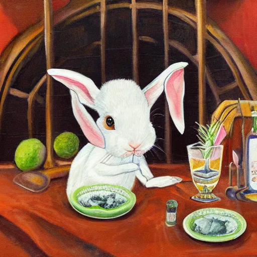 Prompt: a painting of a rabbit drinking tequila and eating croquette in gothic style