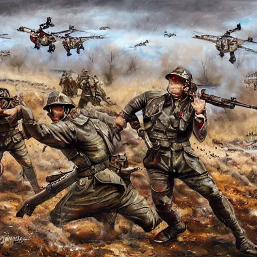 Image similar to ironman shooting machine guns against nazi germany on the bloody muddy battlefield of world war painted by wlop