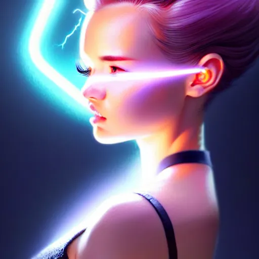 Image similar to cute girl electrocuted, sparks, lightning, occlusion shadow, specular reflection, rim light, unreal engine, range murata, artstation, pinterest, art by hiroaki samura and ilya kuvshinov and rossdraws, intricate, highly detailed 8 k, art deco illustration, realistic, extremely beautiful shape of face, neck, shoulders eyes