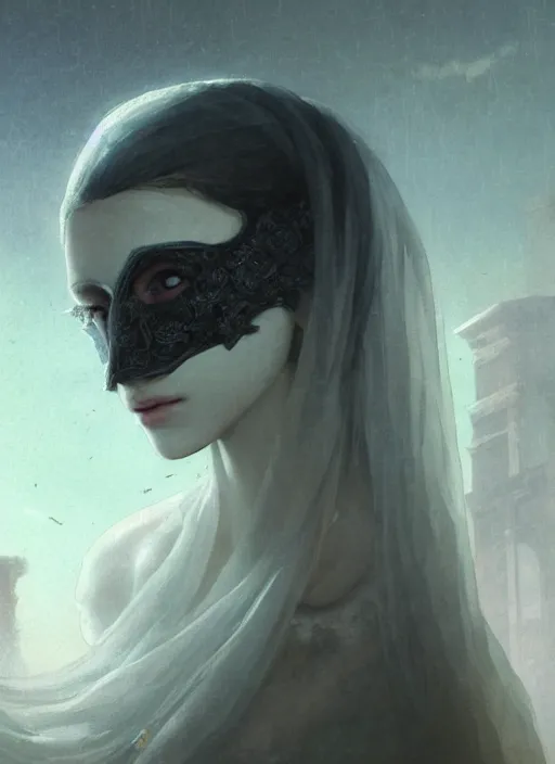 Image similar to close up of a veiled half scull mask girl on the ruins temple, looking at the camera very curiously, smog on the floor, extremely beautiful and aesthetic and attractive and cute detailed face and body, chiaroscuro, model pose, fantasy illustrations, by makoto shinkai and jeremy lipking and ferdinand knab