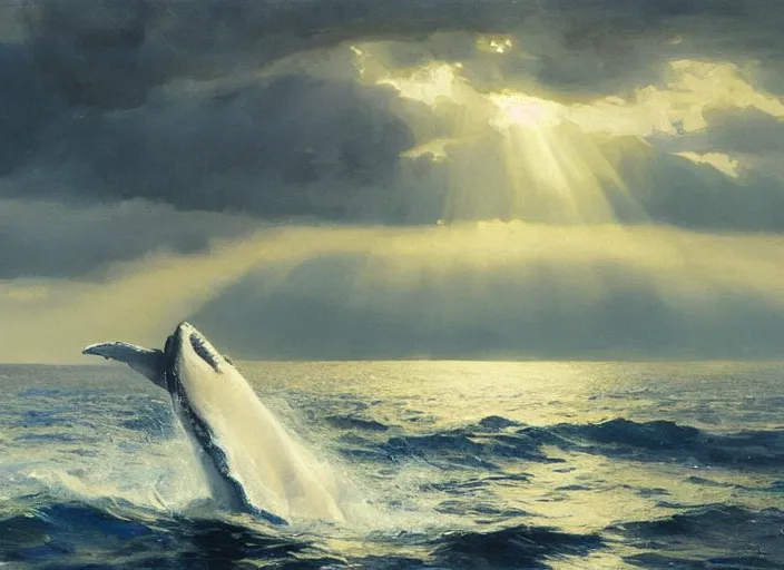Prompt: oil painting of whale roaming the ocean in dawn by anders zorn, wonderful art by greg rutkowski, incredible lighting, shadows, beautiful cinematic light, american romanticism by greg manchess, tall rocky mountains and storm clouds, sun rays, sunshine, bright sunny summer day, tall backlit waves, wild water, reflections