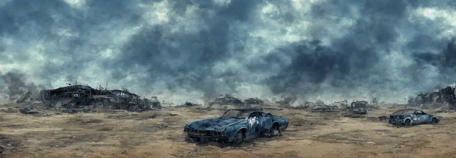 Image similar to wastelands by day, detailed ground, blue sky, smoke, end of war, vehicle wrecks, as seen by the artist, digital artist, simple composition