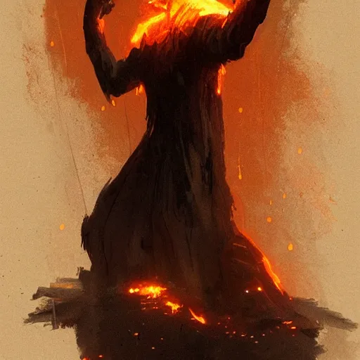 Prompt: a 5'1 1 feet tall fire ( ( with almost human - like shape ) ), glowing in the dark. concept art by greg rutkowski and j. dickenson