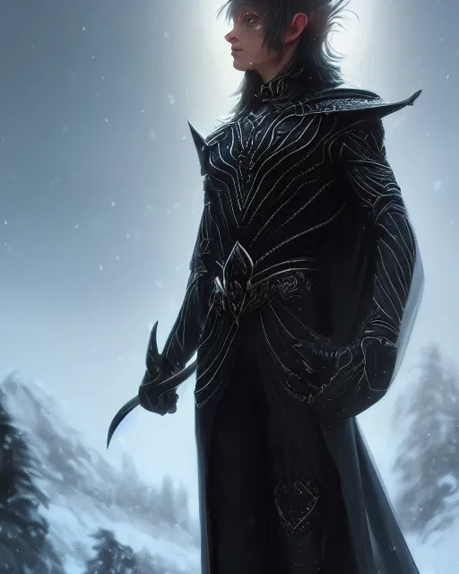 Prompt: beautiful male elf, long hair, elegant, super detailed, black dress with silver accenting, silver very ornate jewelry, cape, 8 k, cinematic, backlight, octane render, dusk, sky, snowy landscape, warm lighting, artstation, greg rutkowski, rossdraws, william bouguereau, sharp focus