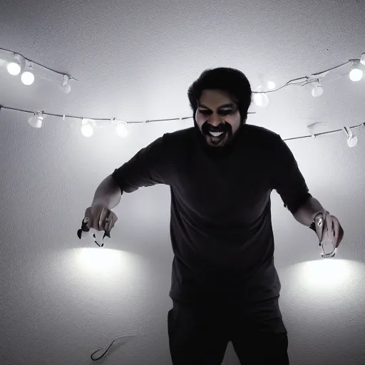 Image similar to Mutahar laughing, led lights, dark room