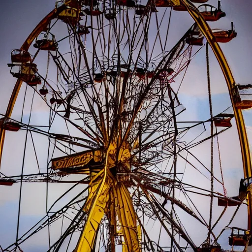 Image similar to an old abandoned rusty ferris wheel, in a town filled with pale yellow mist. Dystopian. Award-winning colored photo. OM system 12–40mm PRO II 40mm, 1/100 sec, f/2 8, ISO 800