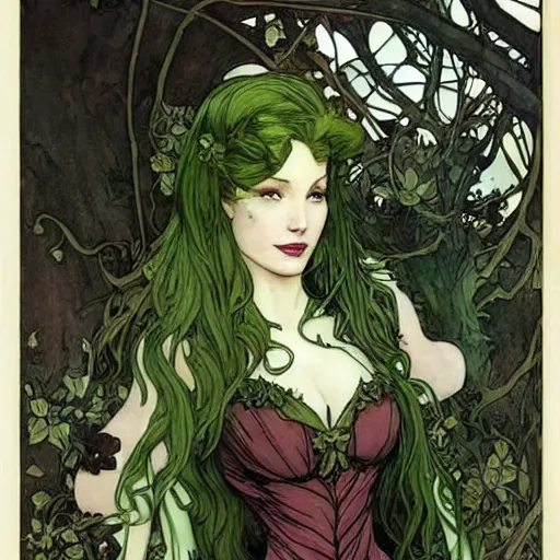 Prompt: a beautiful picture of doctor poison ivy professor of botany holding office hours, academic clothing, dark eyeliner, intricate, elegant, highly detailed, digital painting, artstation, concept art, matte, sharp focus, illustration, art by rebecca guay and by arthur rackham and by alphonse mucha and by john william waterhouse