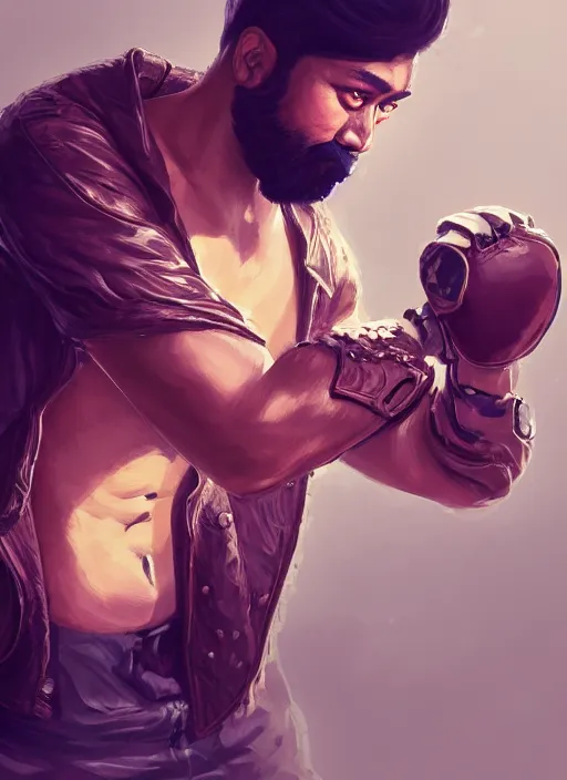 Image similar to a highly detailed illustration of bearded asian man wearing leather jacket with bandaged right hand, focused boxing philly shell stance pose, hands shielding face, intricate, elegant, highly detailed, centered, digital painting, artstation, concept art, smooth, sharp focus, league of legends concept art, WLOP