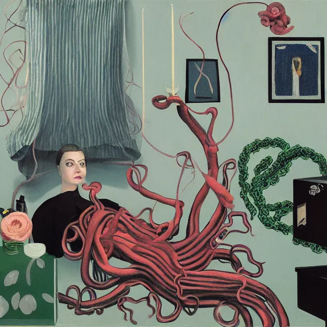 Prompt: a female pathology student in her apartment, wrapped in vines, medical equipment, candles, octopus, teapot, pig, black walls, ikebana, black armchair, sculpture, acrylic on canvas, surrealist, by magritte and monet