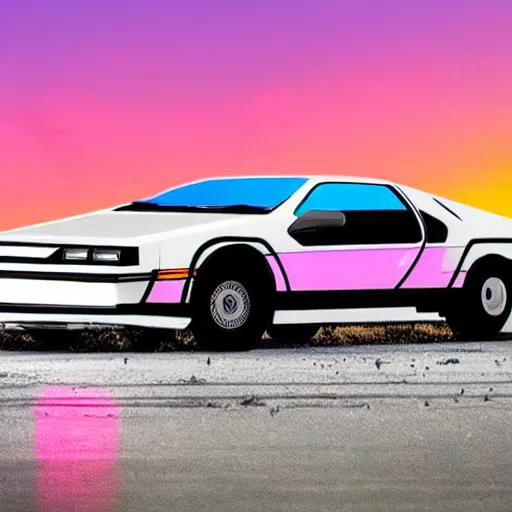 Image similar to miami beach sunset vapor wave palm trees 80s synth retrowave delorean decal car wide shot epic post apocalyptic landscape miami nuke fire craters end of the world