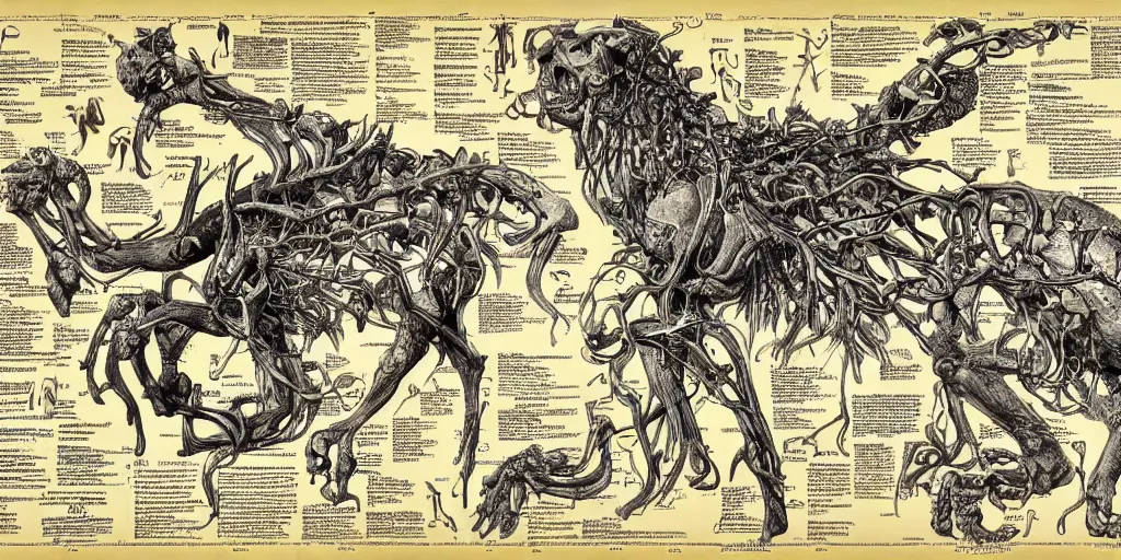 Prompt: highly detailed labeled medical anatomy poster of a animalistic god, poster paper with notes, well - lit, ray tracing, detailed, mechanism, forbidden - knowledge, intricate details, gold and silver ink, by kentaro miura, marco bucci