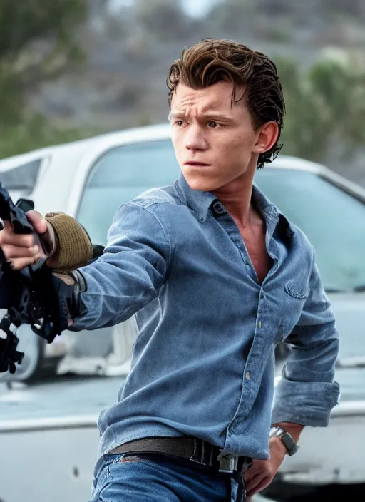 Prompt: film still of Tom Holland as Martin Riggs in Lethal Weapon, 4k