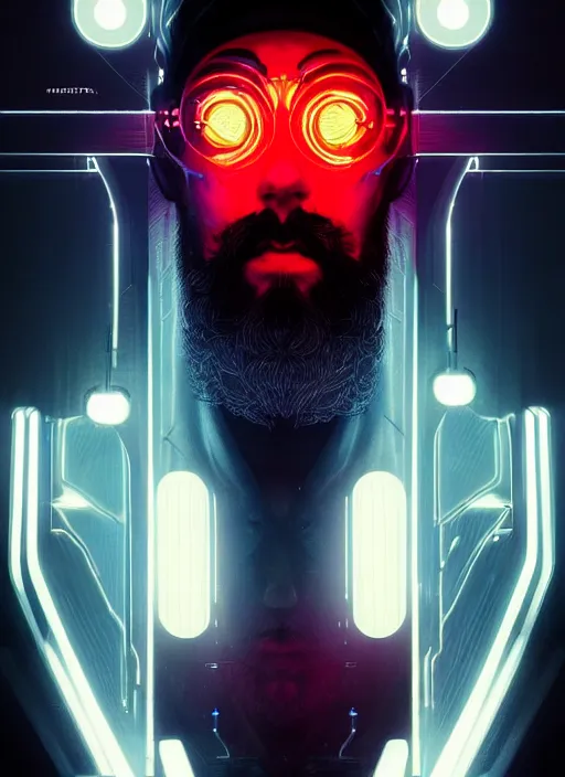 Image similar to symmetry!! portrait of bearded man, sci - fi -, cyberpunk, blade runner, glowing lights, tech, biotech, techwear!! intricate, elegant, highly detailed, digital painting, artstation, concept art, smooth, sharp focus, illustration, art by artgerm and greg rutkowski and alphonse mucha