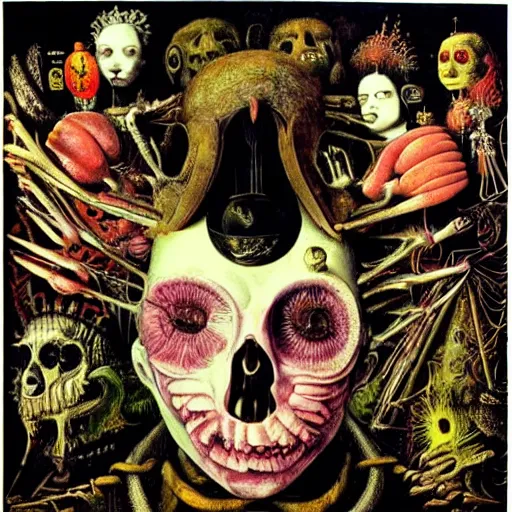 Image similar to post - punk new age album cover, magic, apocalypse, psychedelic, psychonaut, black white pink, magic, giger h. r., giuseppe arcimboldo