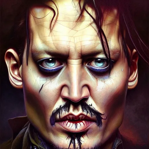 Prompt: johnny depp only torso and head, intricate, highly detailed, centered, digital painting, artstation, concept art, smooth, sharp focus, illustration, artgerm, tomasz alen kopera, peter mohrbacher, donato giancola, joseph christian leyendecker, wlop, boris vallejo