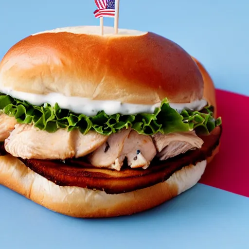 Image similar to Chicken Sandwich made to look like American Flag, food photography