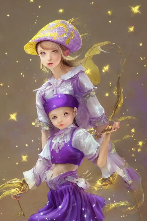 Image similar to Full View fairy maiden with short blond hair wearing an oversized purple Beret, Baggy Purple overall shorts, Short Puffy pants made of silk, silk shoes, a big billowy scarf, Golden Ribbon, and white leggings Covered in stars. covered in embroidery. Short Hair. peasant magic. Rhythmic gymnastics poses. masterpiece 4k digital illustration by Ruan Jia and Mandy Jurgens and Artgerm and william-adolphe bouguereau and greg rutkowski , award winning, Artstation, art nouveau aesthetic, Alphonse Mucha background, intricate details, realistic, panoramic view, Hyperdetailed, 8k resolution, intricate art nouveau