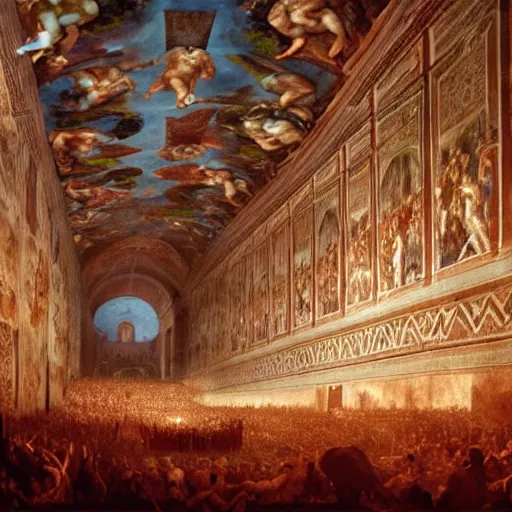 Image similar to the sistine chapel's ceiling is broken is half as a red magical portal from hell opens up, lucifer morningstar emerges along with a few demons, the priests and the pope look at the scene with terror in their eyes. highly detailed painting by gaston bussiere, greg rutkowski, craig mullins 8 k