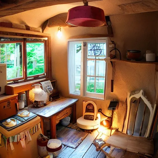 Image similar to the inside of a small cottage, studio ghibli, small details, cozy atmosphere, warm lighting