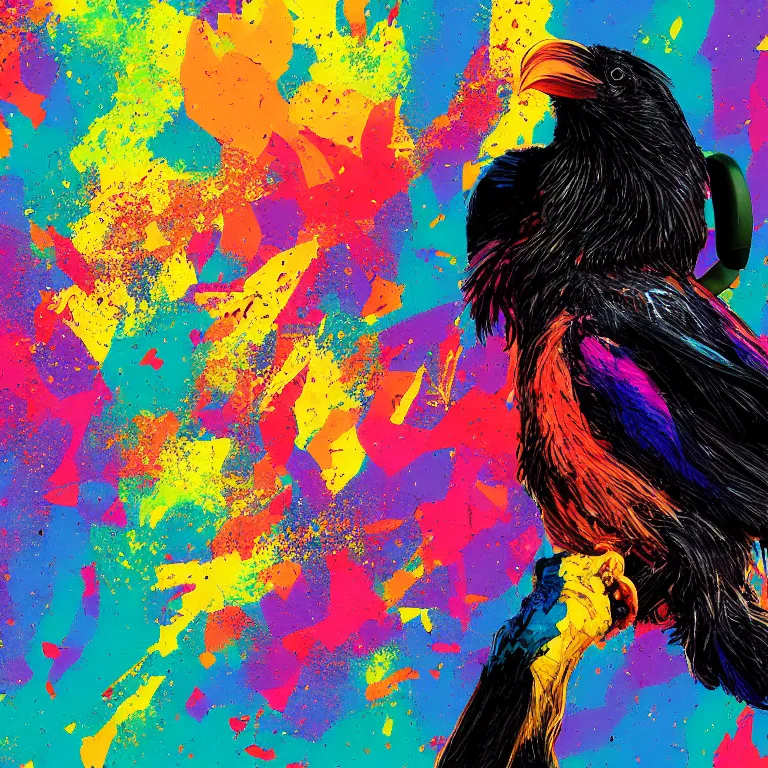 Image similar to colorful illustration of black raven bird in headphones, colorful splatters, by andy wrahol and zac retz and kezie demessance