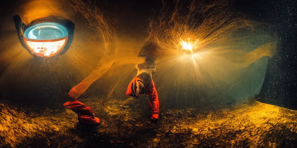 Image similar to underwater fisheye slow motion with trail fire effect of futuristic break dancer wearing long dark cloak and golden helmet emitting magic dust and fire, long exposure shot , enigmatic, at night underwater in the middle of the arctic with red light A letter, paddle of water, steam, fog, water splashes, rim lights, glossy reflections, water droplets on lens, octane render, Volumetric dynamic lighting, stunning cover magazine, high details, hajime sorayama