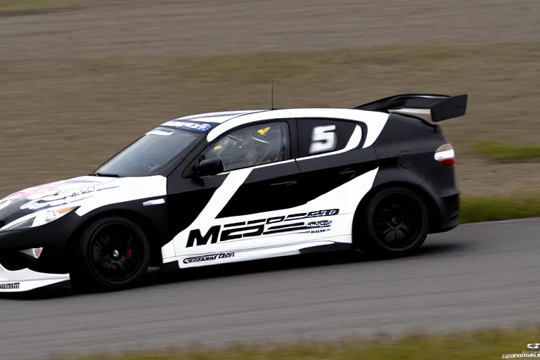 Prompt: black GT4 Mazdaspeed3 black plain livery simple, racing on track photo 2008 cinematic motion blur dof