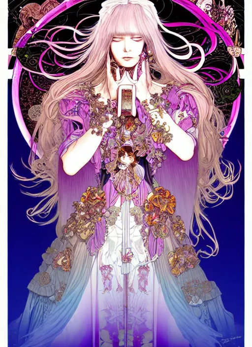 Image similar to artstation highly detailed terada katsuya fantasy bloom manga poster of girl mechine, rainbow gradient reflection, ayami kojima, long hair, armor, dress, laces, ruffles, 8 k, maximalist, alphonse mucha