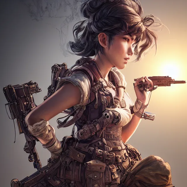 Image similar to the portrait of lawful neutral semi - colorful female infantry gunner as absurdly beautiful, gorgeous, elegant, young gravure idol, an ultrafine hyperdetailed illustration by kim jung gi, irakli nadar, intricate linework, bright colors, octopath traveler, final fantasy, unreal engine 5 highly rendered, global illumination, radiant light, detailed and intricate environment