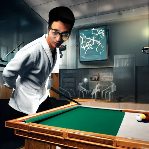 Image similar to young male asian scientist in white coat playing the Billiards,trending on artstation,digital art.