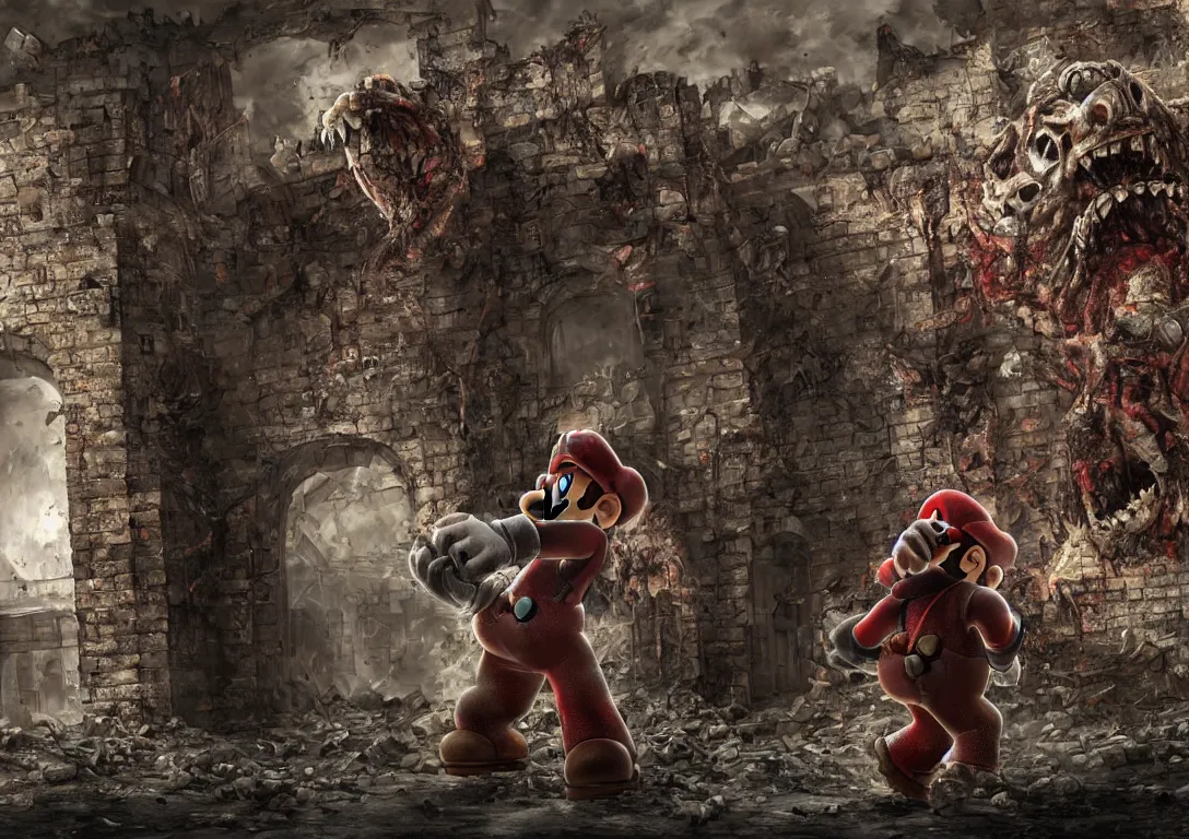 Image similar to super mario hiding behind a brick wall from Giga Bowser in the distance in a destroyed kingdom, Resident Evil virus concept art, highly detailed, horror, scary, terrifying, horrific, hd 4k