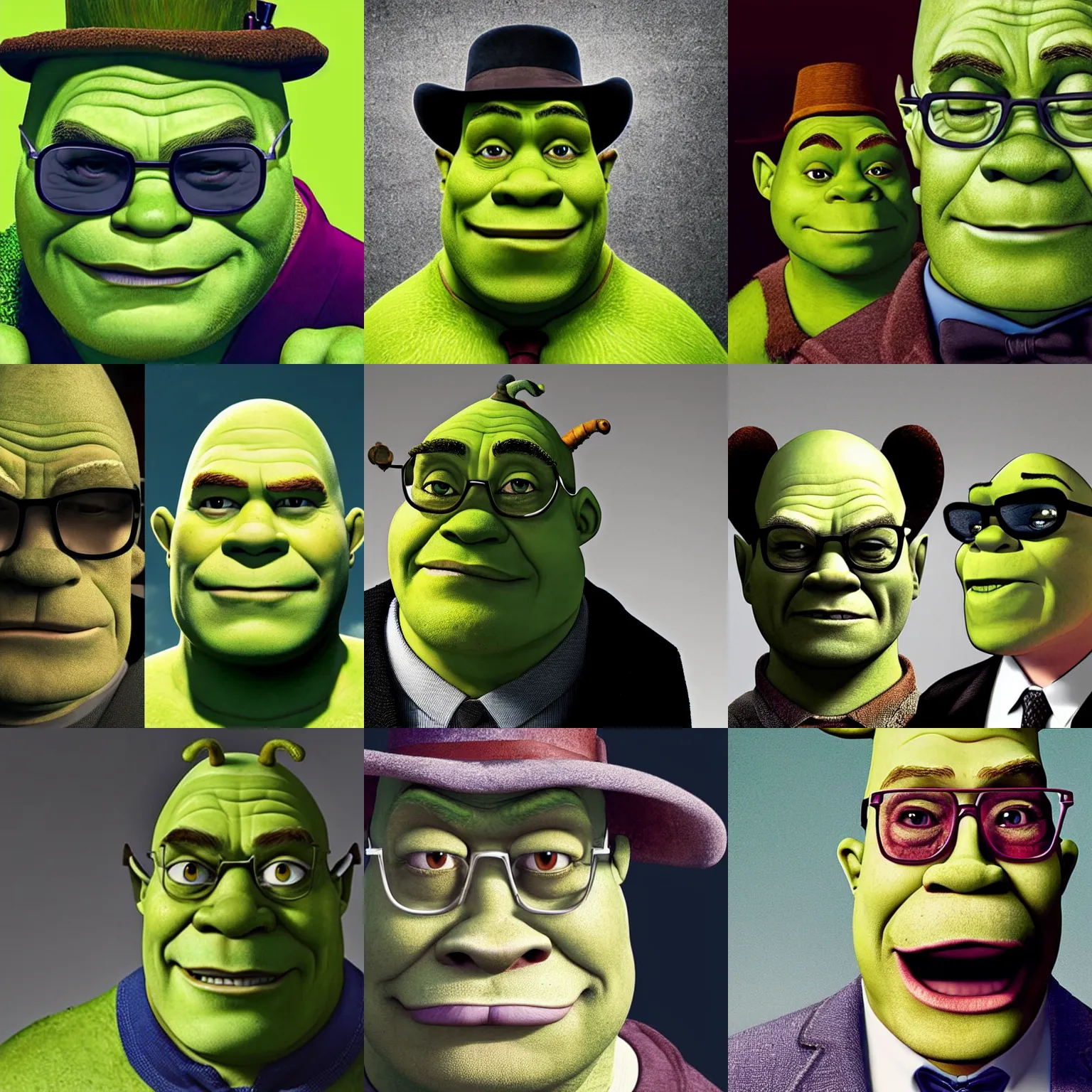 Prompt: shrek ogre that looks like bryan cranston as walter white from breaking bad with goatee, wearing bowler hat and sunglasses