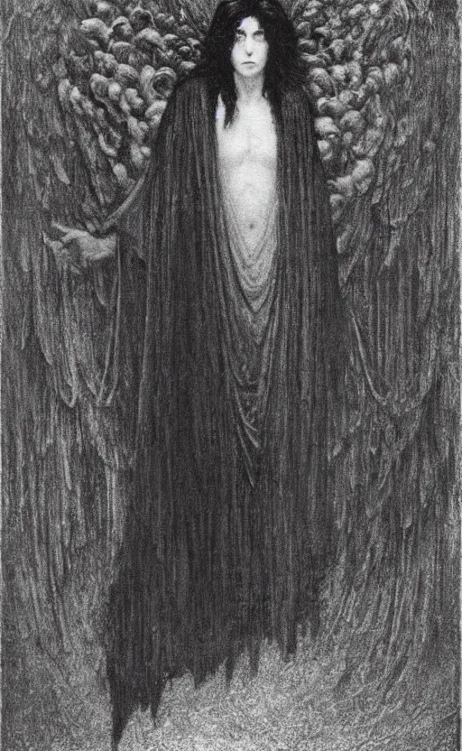 Prompt: Say who is this with black hair so dark and thin? beautiful lone single Male!! angel, Hades Death, in the style of Jean Delville,black glowing cloak, Fernand Keller, Fernand Khnopff, oil on canvas, 1896, 4K resolution, aesthetic, mystery