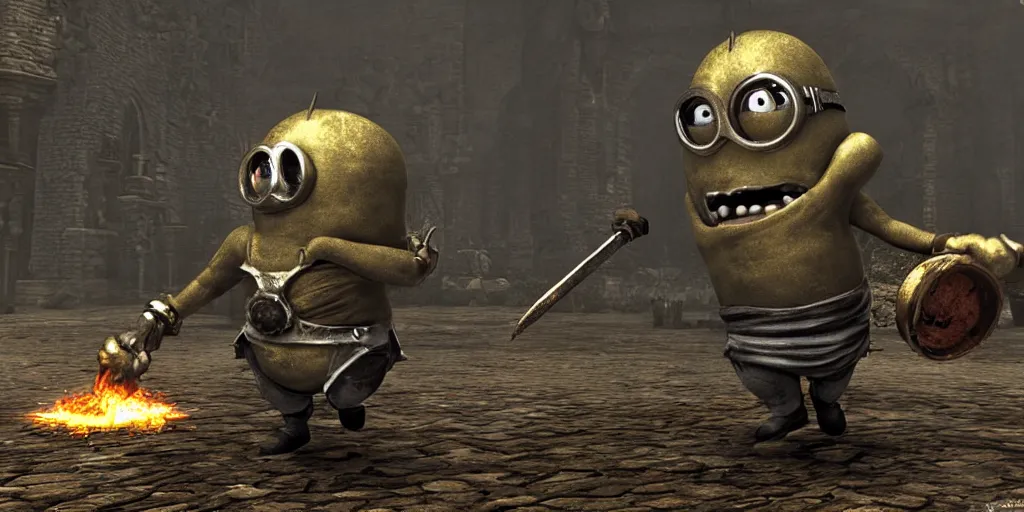 Image similar to minion as a darksouls boss, horror, hd, screenshot,