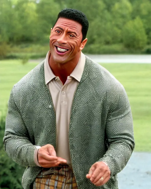 Image similar to Film still close-up shot of dwayne johnson as happy gilmore from the movie happy gilmore. Photographic, photography