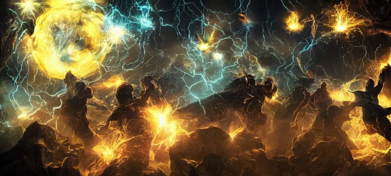 Image similar to Photorealistic image of six wizards fighting in dark cave with DC comic character Black Adam and shoot fireballs from their magic staffs, dark ancient atmosphere, glowing bouncing particles and energy strings randomly flying in space and bouncing from ground and walls, dramatic lighting, fluidy particles rising from ground, realism of hollywood movie with incredible amount of fine details