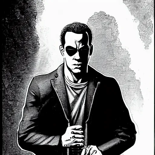 Prompt: franklin booth illustration of tom hanks in the matrix