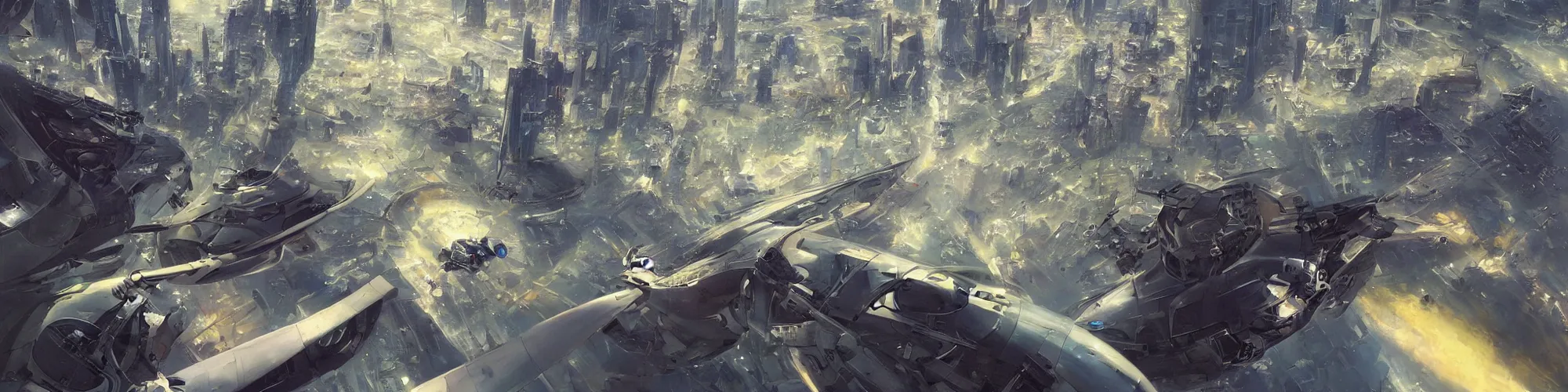 Image similar to gorgeous sci fi imagery | landing spot | space and city flying craft | futuristic | beautiful couple in the extreme foreground heading to their hovering transport, closeup | futurism | modern couple | futuristic cityscape in the background | medium angle | by john berkey, greg rutkowski, james gurney