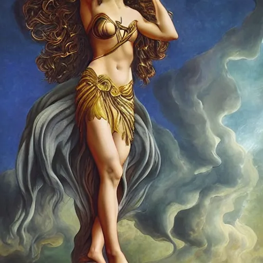 Image similar to Full body oil painting of the beautiful goddess Gal Gadot, she is wearing a strophion and a surreal ornate, her hair is natural disheveled, she is approaching heaven over the clouds, naturalism, dramatic lighting, high-detailed oil painting by Ilya Repin, Michelangelo da Caravaggio, William Blake, Alex Grey and Beksinski, trending on Artsation, hystorical painting, naturalism, masterpiece, 4k, 8k,