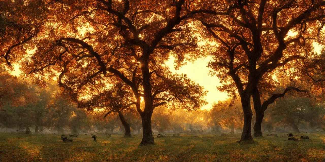 Prompt: a beautiful, stunning landscape with giant oak trees in the fall during sunset by craig mullins